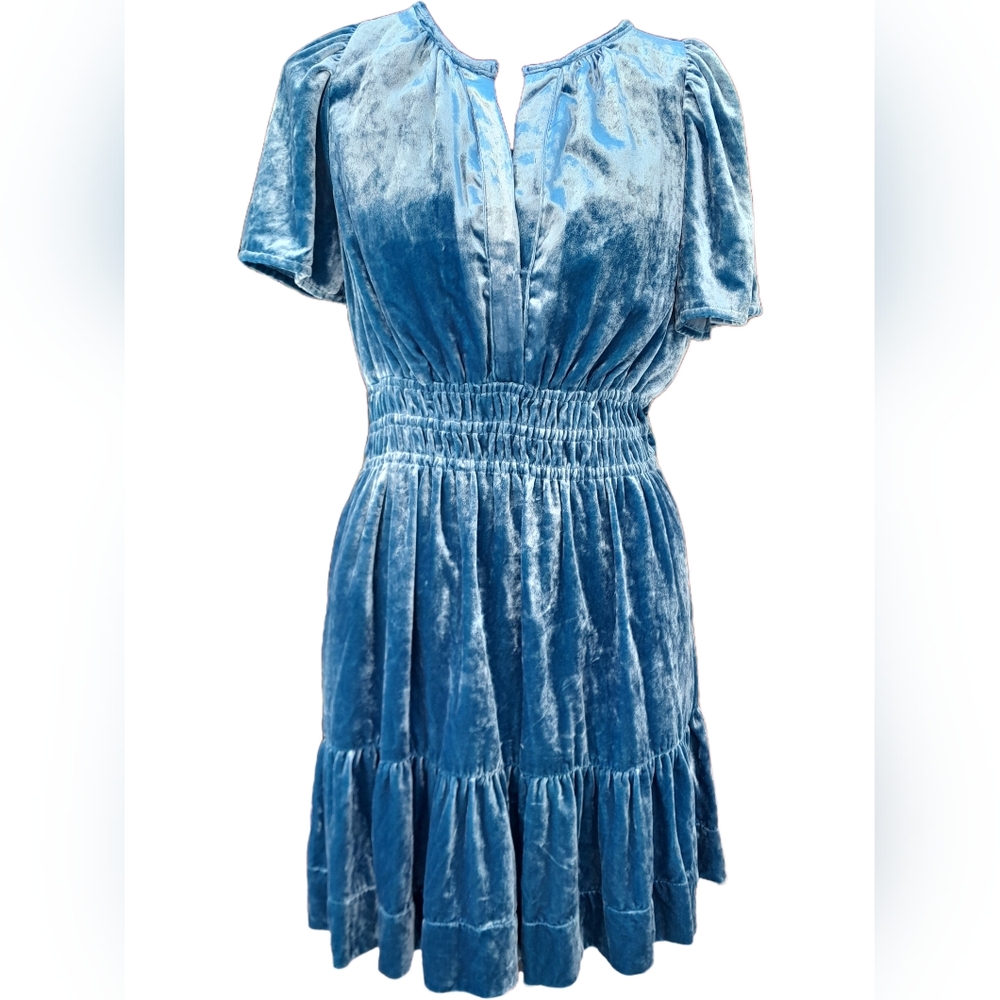 Anthropologie Somerset Women’s Small Velvet Blue Short-Sleeve Tiered Dress NWT - Picture 2 of 15